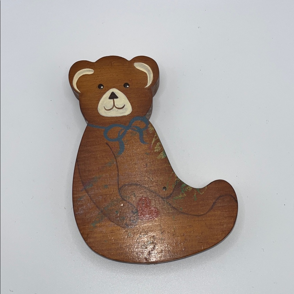 Wooden Bear Decor with Blue Bow